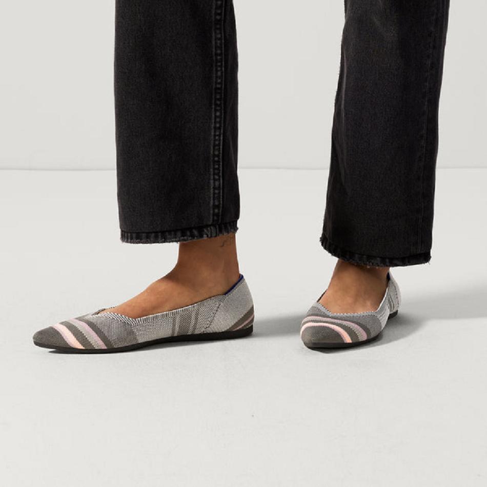 Women's Rothy's The Point Flat Shoes Grey / Stripes | AUEAH55248